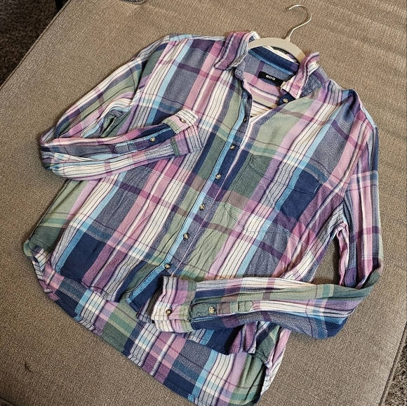 BDG Blue Purple Plaid Casual Cropped Button Longsleeve Top Size Small - Picture 2 of 6